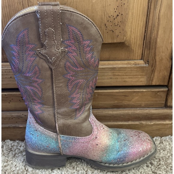 Roper Girls 13 Rainbow GLITTER Square Toe Brown Cowboy Casual Pull On Boots - Picture 3 of 10